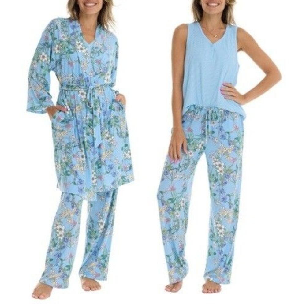 Flora Nikrooz Womens XS Blue 3 Piece PJ Set Robe Tank Pants NWT